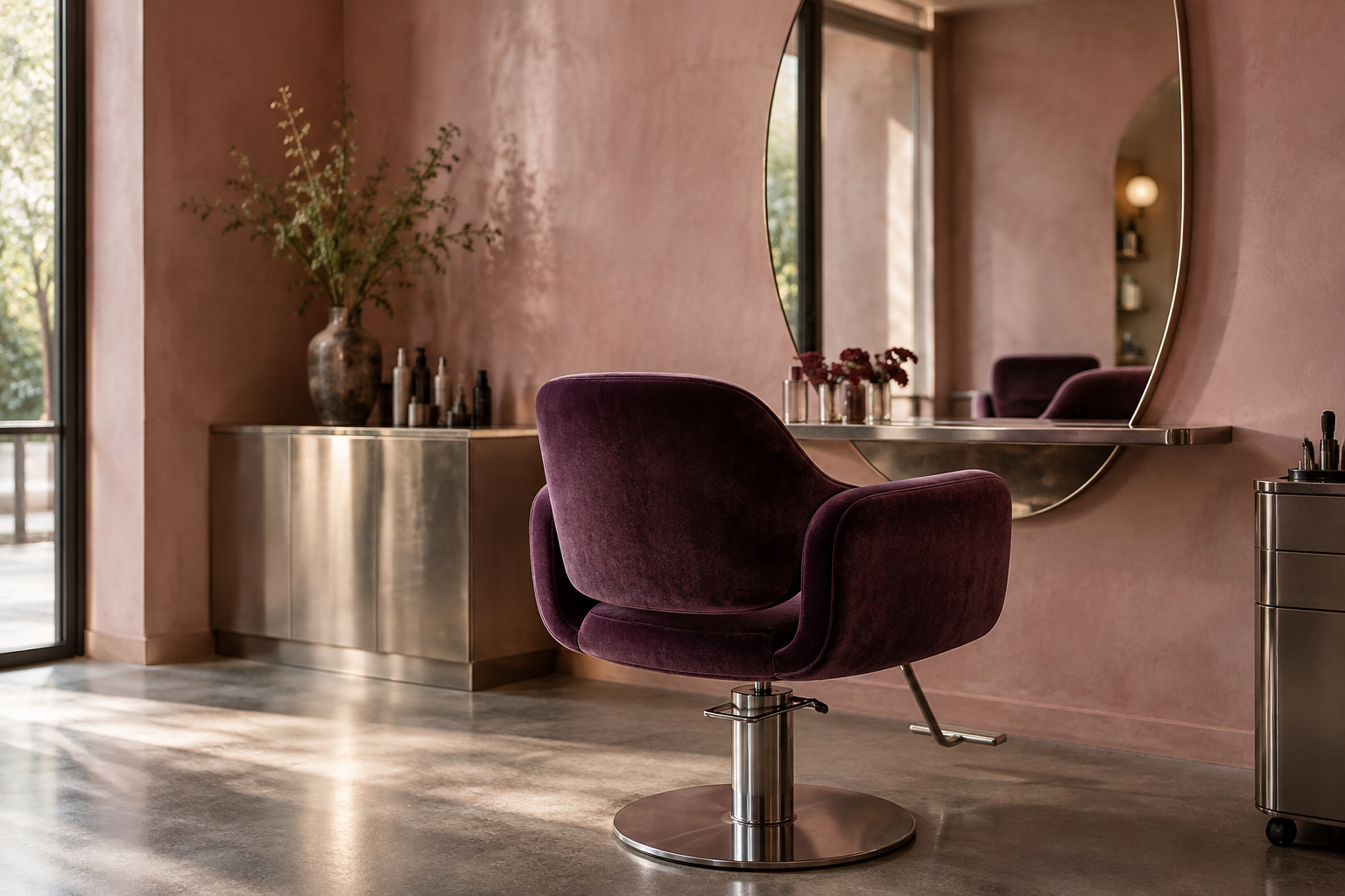 Fauteuil prune du salon fictif — image de concept générée par IA