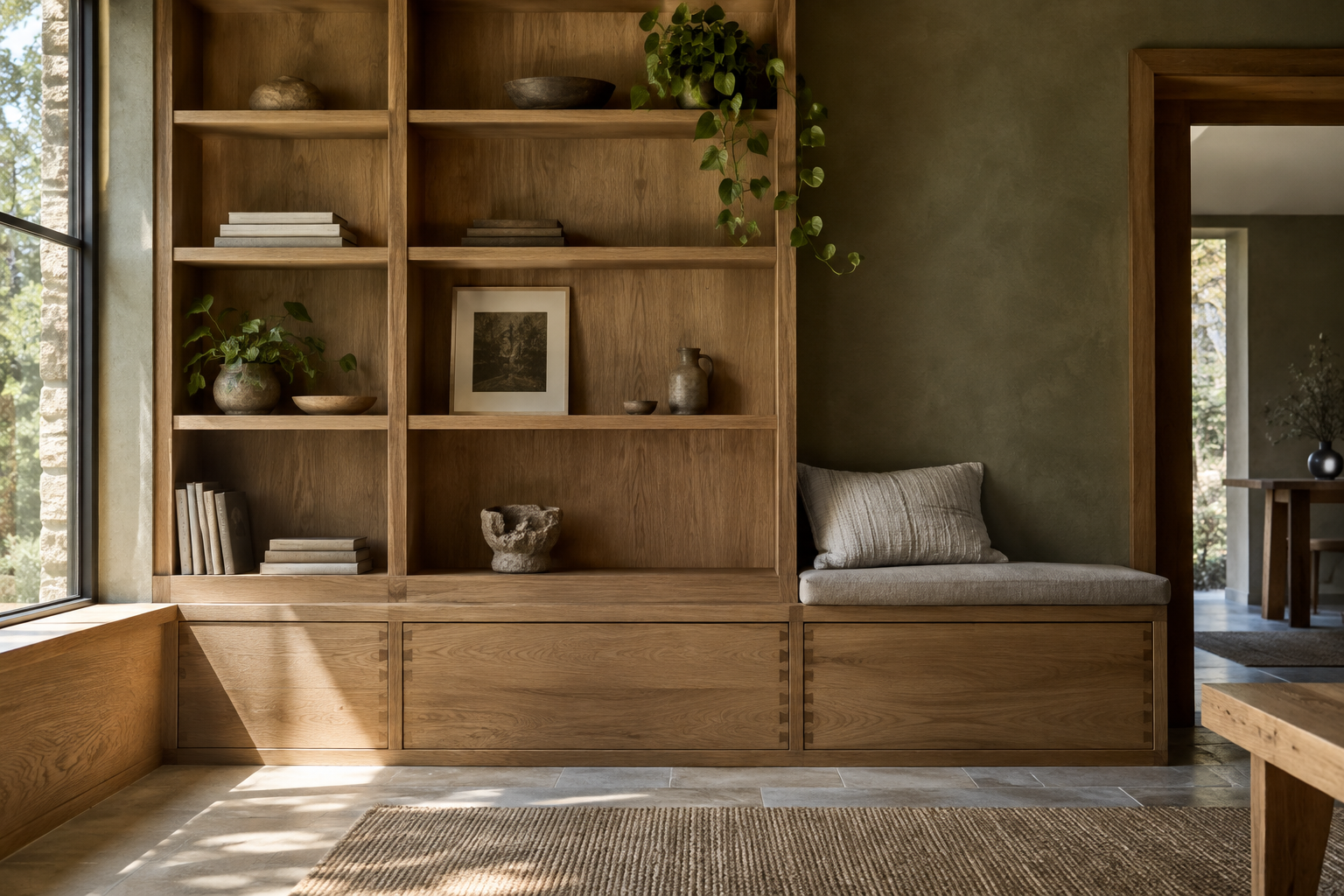 Bibliothèque et banquette en chêne sur mur olive — image de concept générée par IA